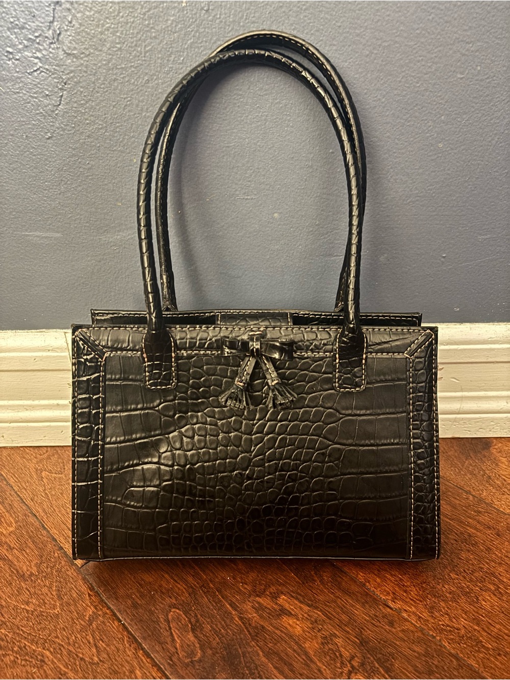 Crocodile-Embossed Tote in Black
